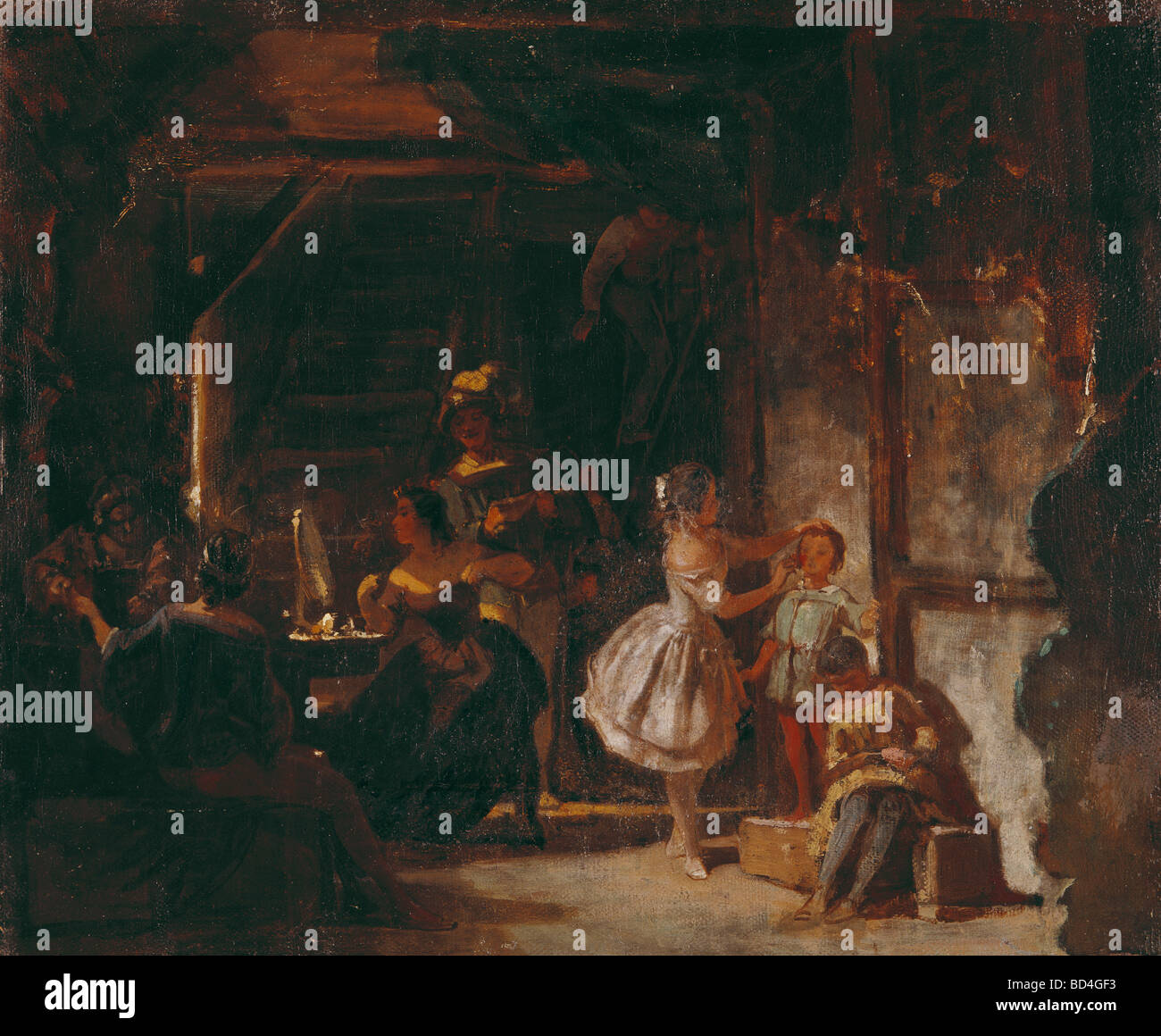 Belle arti, Spitzweg, Carl (1808 - 1885), pittura, "Hinter den Kulissen' (dietro le quinte), olio su tela, 33,5 cm x 40,1 c Foto Stock
