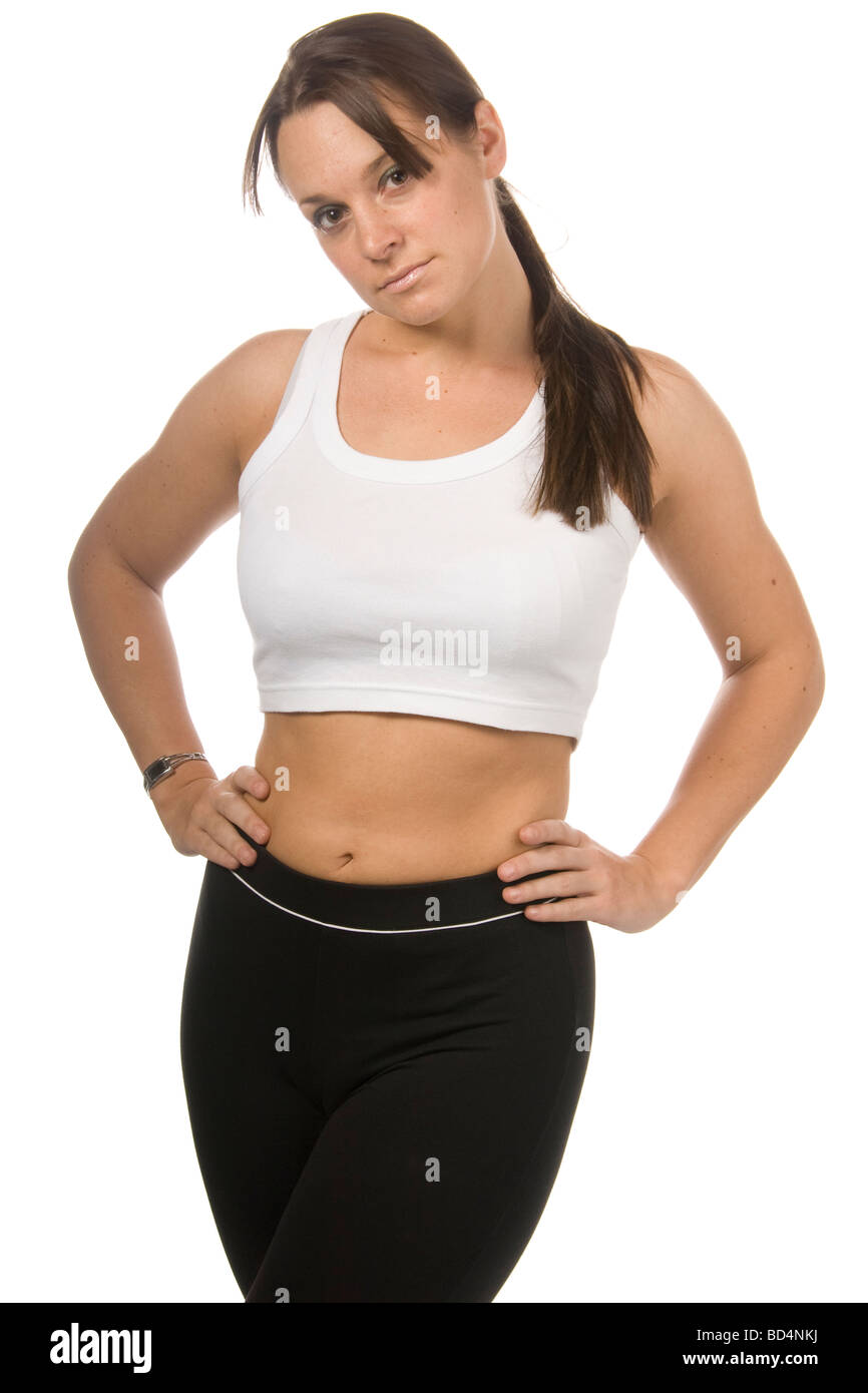 Lunghi capelli marrone Donne in marcia sportiva isolata su bianco Foto Stock