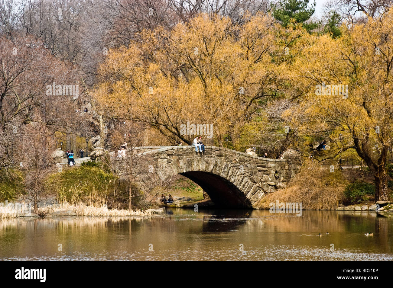 Il ponte di pietra in primavera, Central Park, Manhattan, New York, New York, Stati Uniti d'America Foto Stock