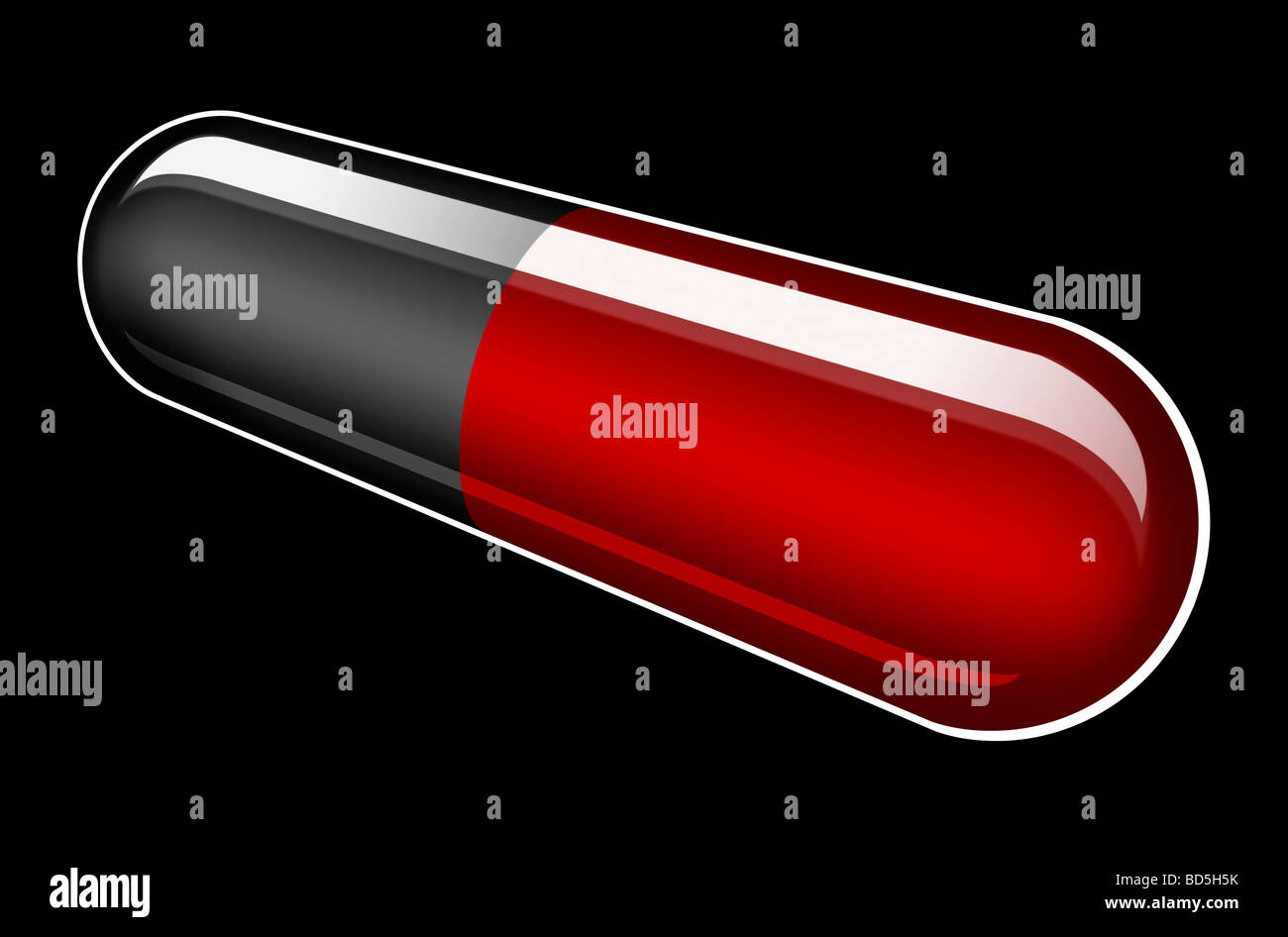 Illustrazione di un generico rosso e capsula di nero su sfondo nero Foto Stock