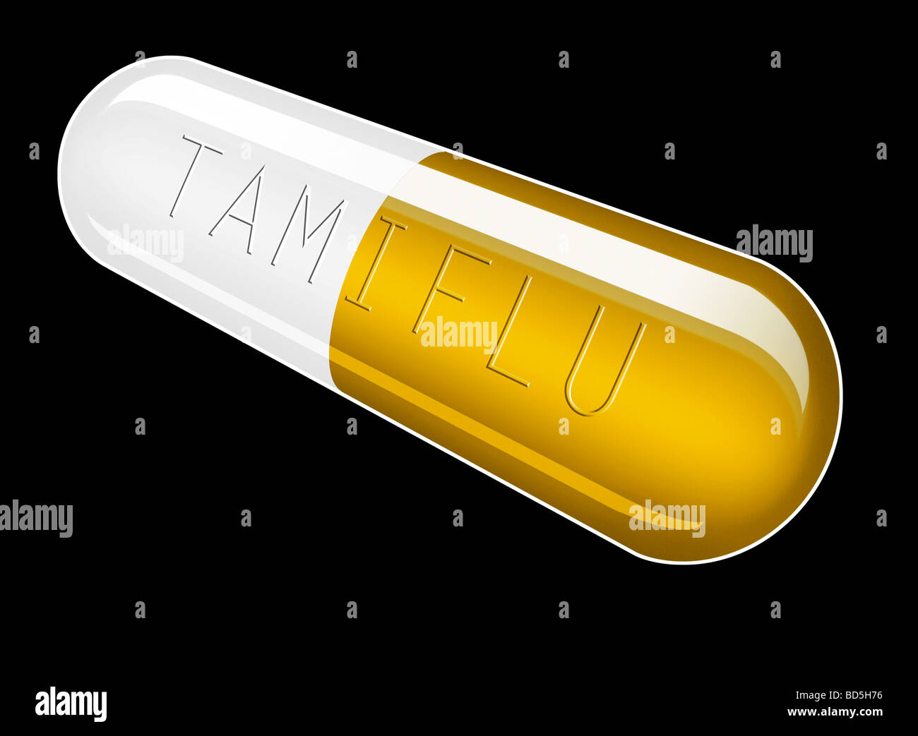 Illustrazione grafica di un singolo Tamiflu capsule su uno sfondo nero con tamiflu goffrato attraverso la capsula Foto Stock