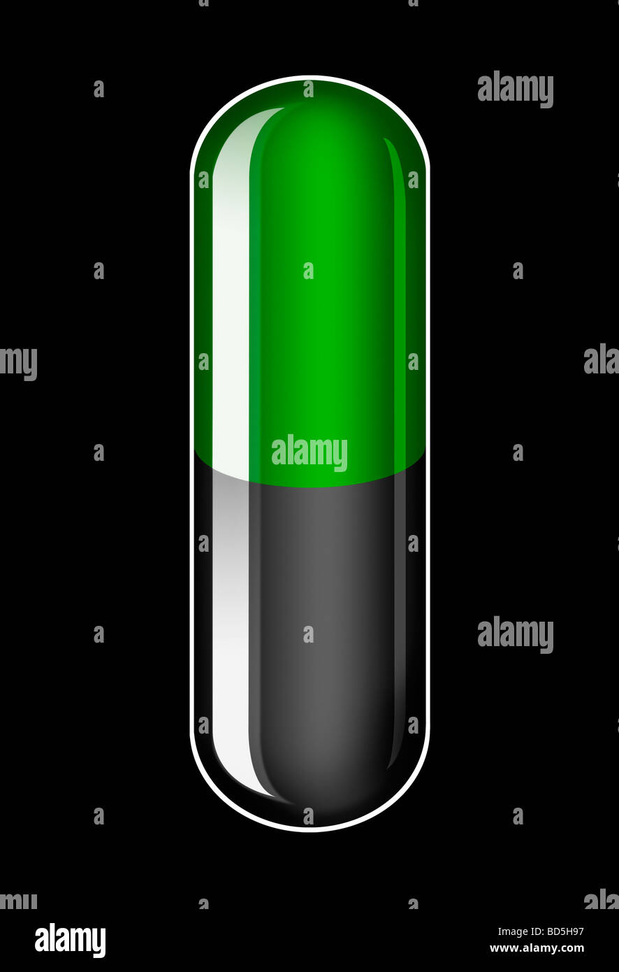 Illustrazione di un generico singolo verde e capsula di nero su sfondo nero Foto Stock