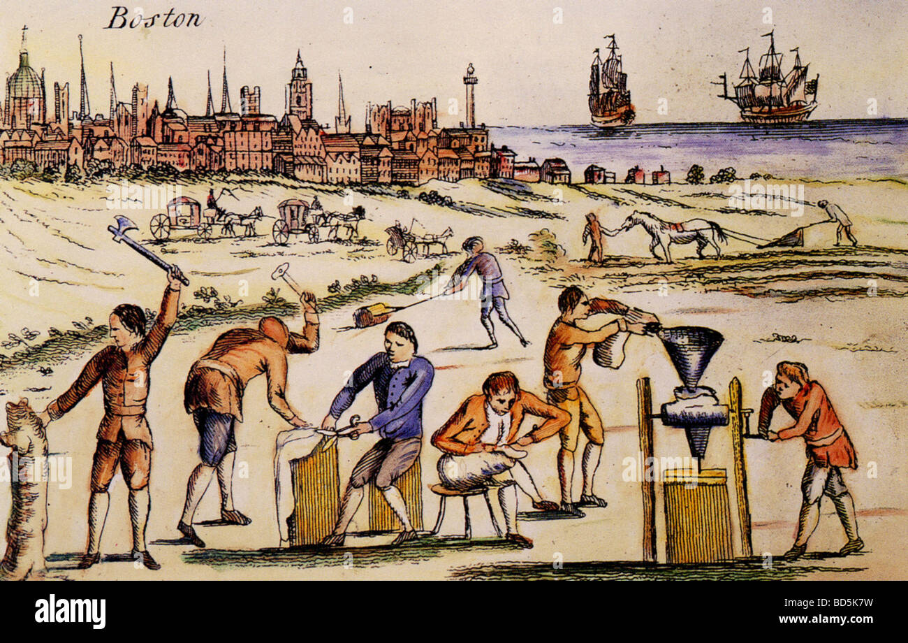 BOSTON e operosa coloni americani come visto in un cartone animato inglese della metà del XVIII secolo Foto Stock