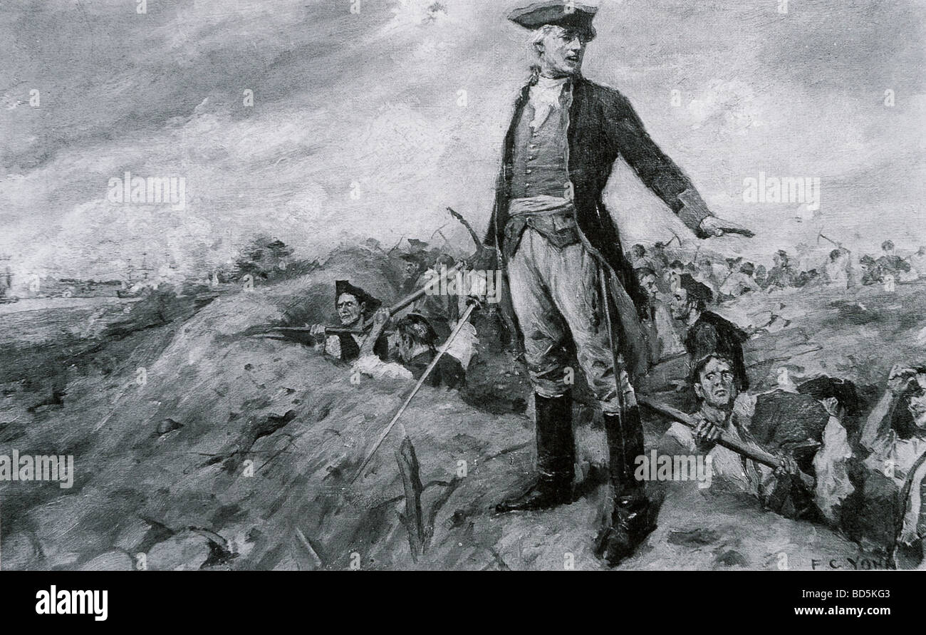 Battaglia di Bunker Hill 1775 - Il colonnello Prescott corregge i suoi uomini - vedere la descrizione riportata di seguito Foto Stock