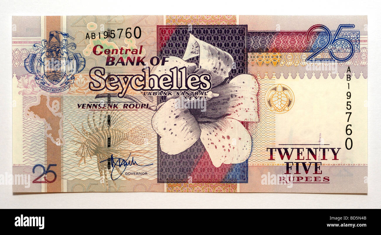 Seychelles 25 venti cinque Rupee Bank nota. Foto Stock