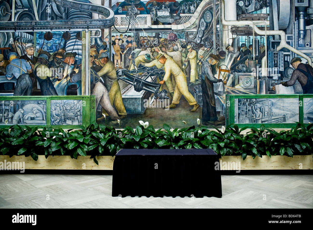 Una pittura ad affresco entro un Detroit Michigan art museum raffiguranti i lavoratori di automobile Foto Stock