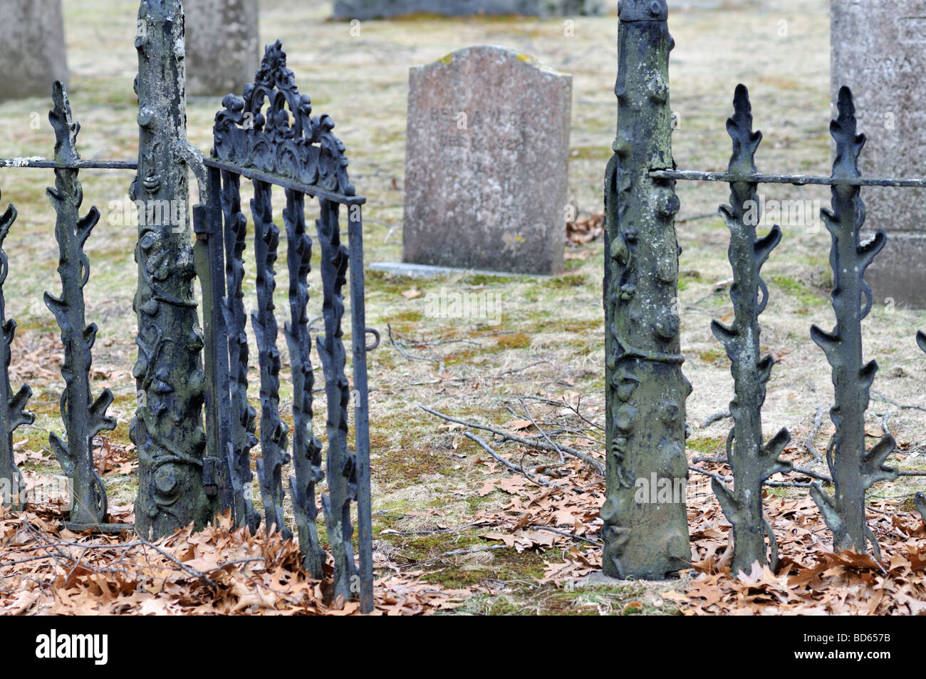 Cimitero con open cancellata in ferro battuto che conduce alla tomba plot e lapidi. Foto Stock