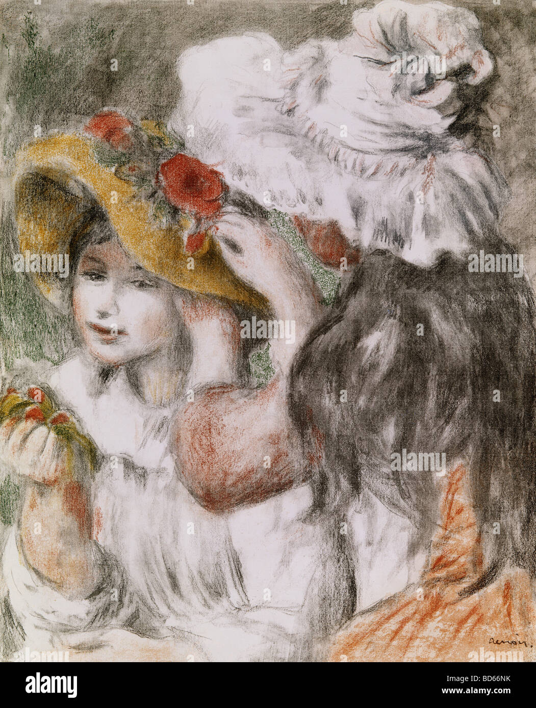 Belle arti, Renoir, Auguste (1841 - 1919), grafico, 'l'Appuntato-up hat', Litografia a colori, 1898, Saarlandmuseum, Saarbrucken, Foto Stock