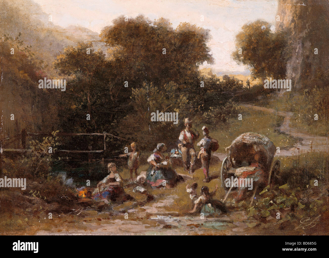 Belle arti, Spitzweg, Carl (1808 - 1885), il dipinto 'Zigeunerlager' (Gipsy's Camp), olio su cartone, collezione privata, Karl, Foto Stock