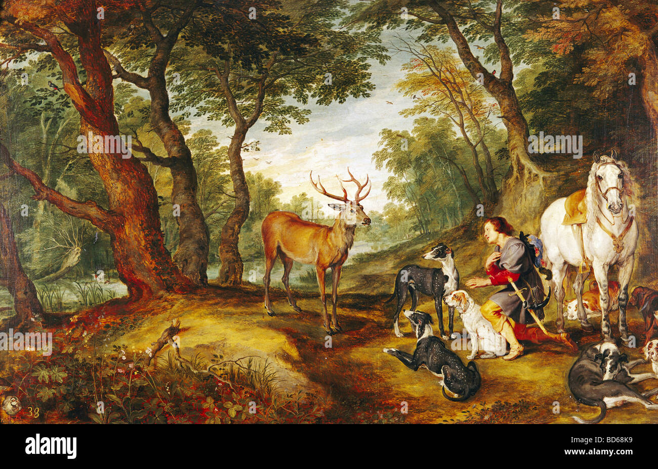 Hubert, circa 655 - 30.5.727, san, Apostolo delle Ardenne", Vescovo di Liegi, la visione di Saint Hubert, dipinto di Jan Brueghel il Vecchio (1566 - 1625), circa 1617 - 1620, Prado, Madrid, artista del diritto d'autore non deve essere cancellata Foto Stock