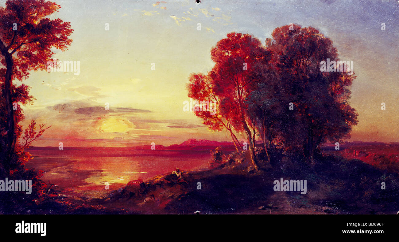 Belle arti, Rottmann, Carl Anton Joseph (1797 - 1850), pittura, 'Dawn al Lago di Starnberg", collezione privata, romaticism, lan Foto Stock