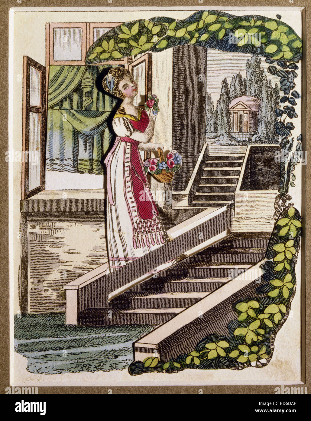 Belle arti, billetta anime,ragazza con fiori, biglietto di auguri, Augsburg, circa 1810, collezione privata, Germania, secolo XIX, histo Foto Stock