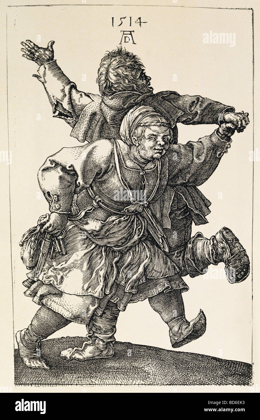 Danza, ballerini, dancing giovane contadina, incisione su rame di Albrecht Dürer, 1514, artista del diritto d'autore non deve essere cancellata Foto Stock