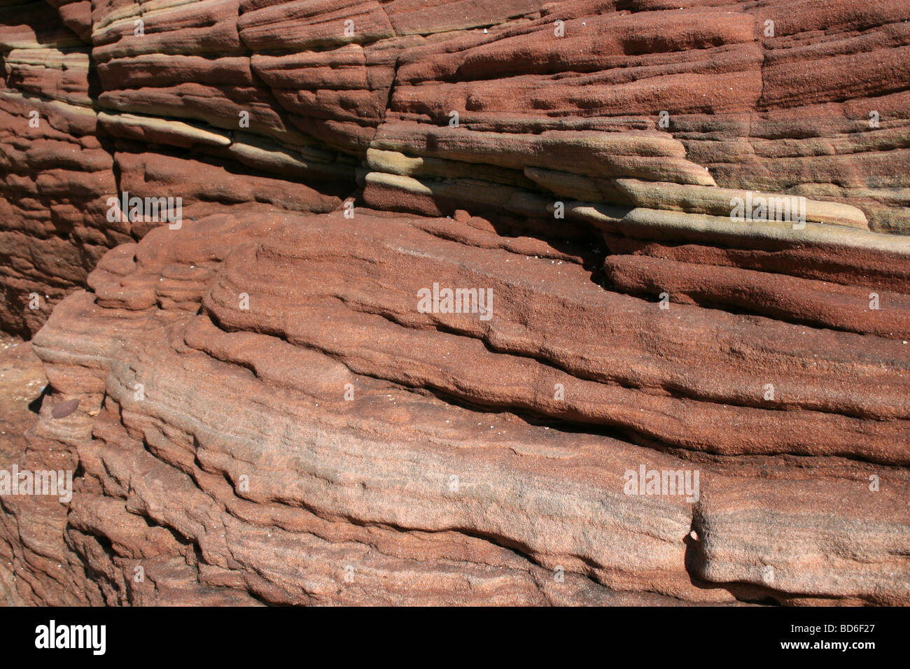 Strati di roccia in arenaria Bunter, Hilbre Island, Wirral, Merseyside, Regno Unito Foto Stock