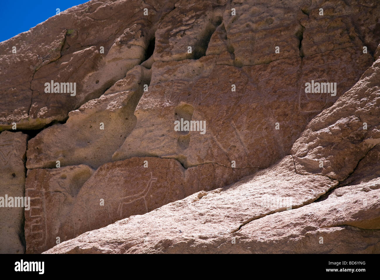 Antiche incisioni rupestri sulle pareti rocciose a Yerbas Buenas, il Deserto di Atacama, Cile Foto Stock