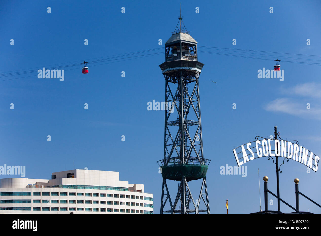 La funivia Transbordador Aeri con la Torre de Jaume I, Port Vell di Barcellona, in Catalogna, Spagna, Europa Foto Stock