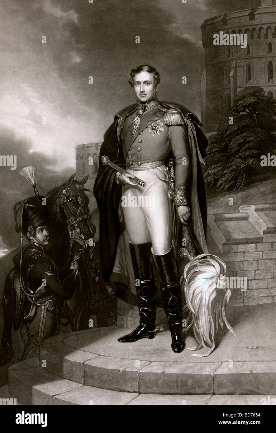 Prince Albert, ritratto a figura intera, in piedi, rivolto verso la parte anteriore, tenendo lo scettro e hat. Foto Stock