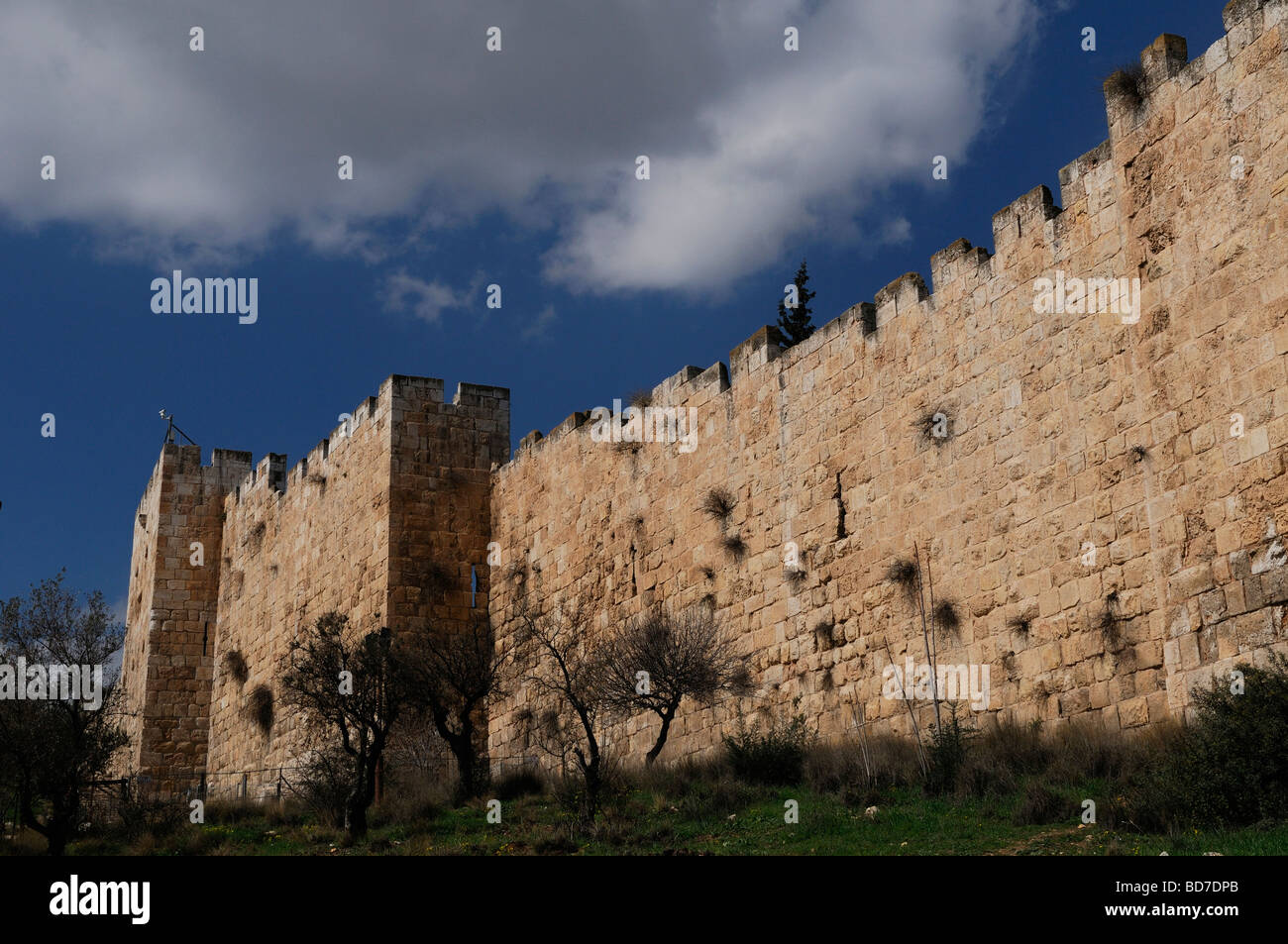 Vista delle mura ottomane della città vecchia costruita nel 16 ° secolo dal sultano turco Suleiman il magnifico, Gerusalemme Israele Foto Stock
