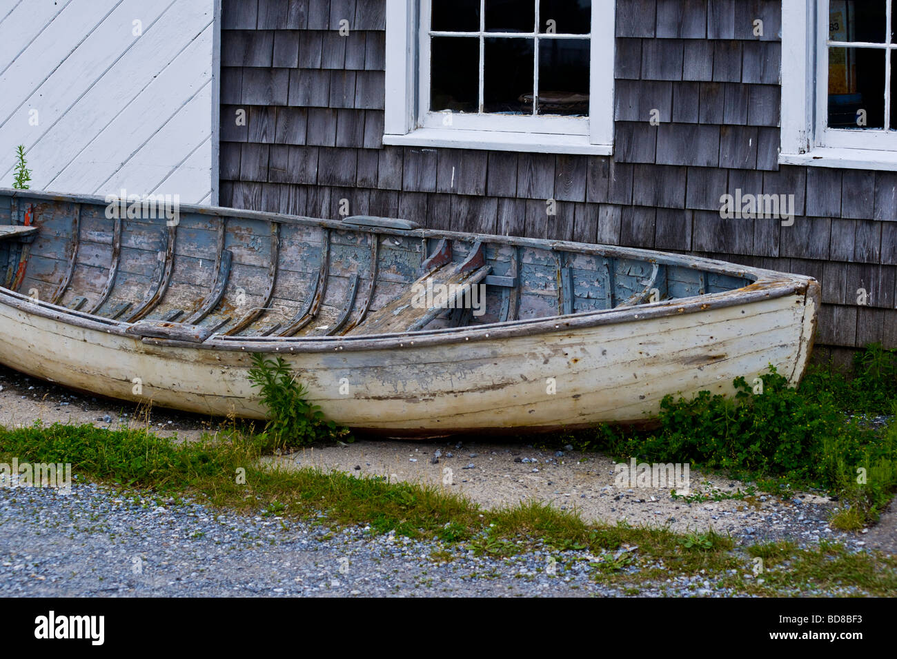 Vecchia barca blu Rockland Maine USA Foto Stock