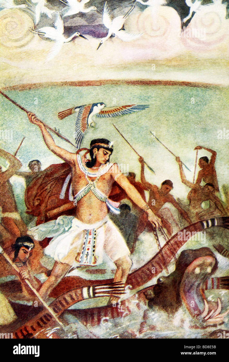 Gli Egiziani onorato Horus, qui infilzare un ippopotamo, come figlio della divinità Iside e Osiride. Foto Stock