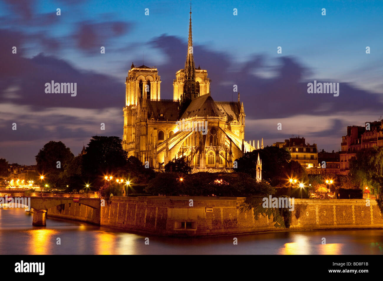 La cattedrale di Notre Dame lungo il Fiume Senna, Parigi Francia Foto Stock