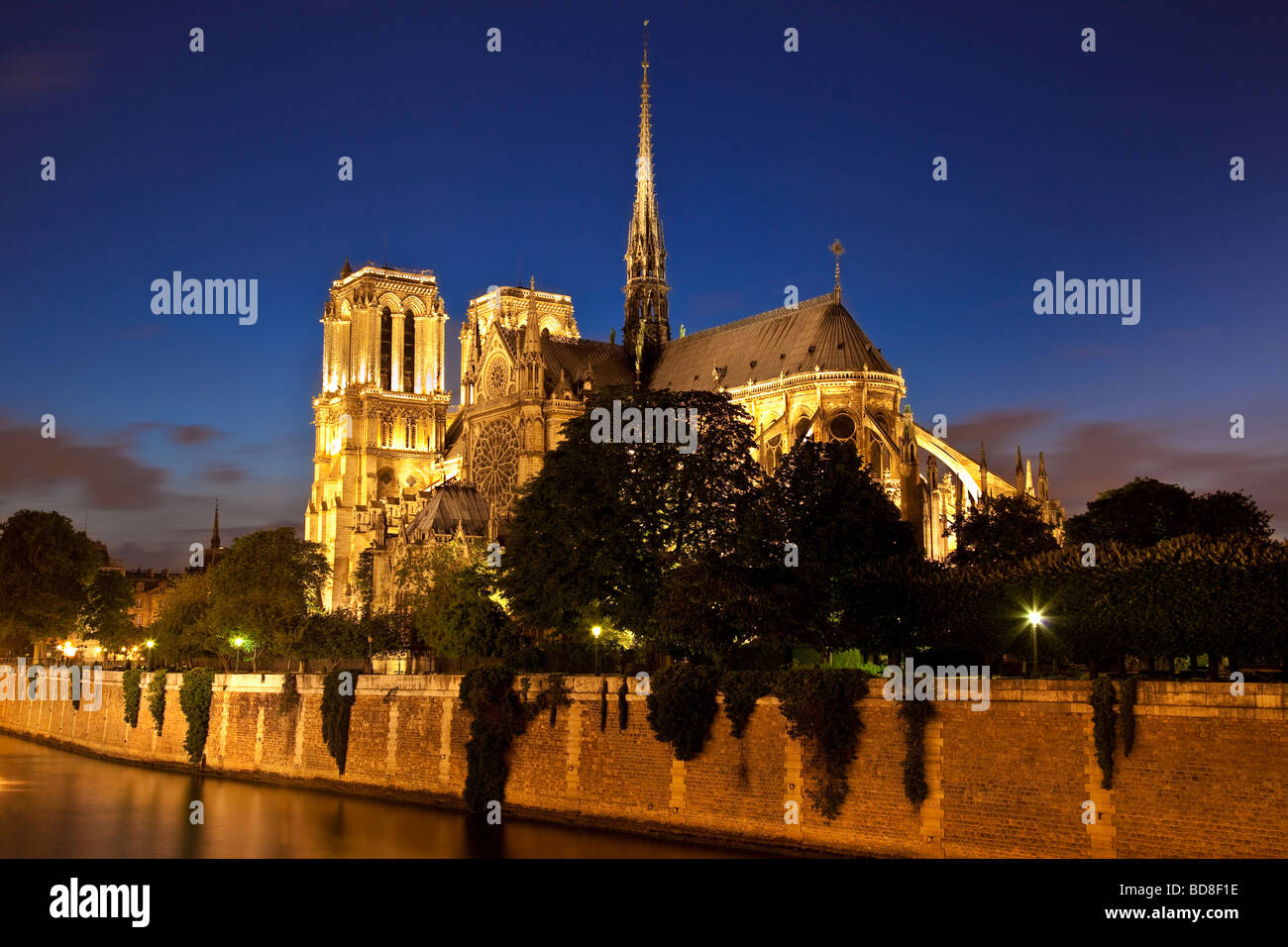 La cattedrale di Notre Dame lungo il Fiume Senna, Parigi Francia Foto Stock