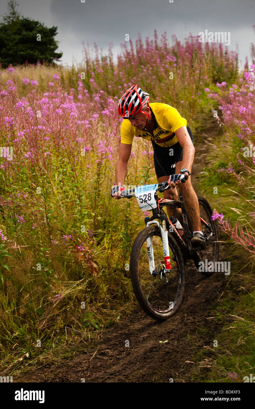 Mountain bike rider guida in discesa durante una gara a Cathkin Braes Glasgow Foto Stock