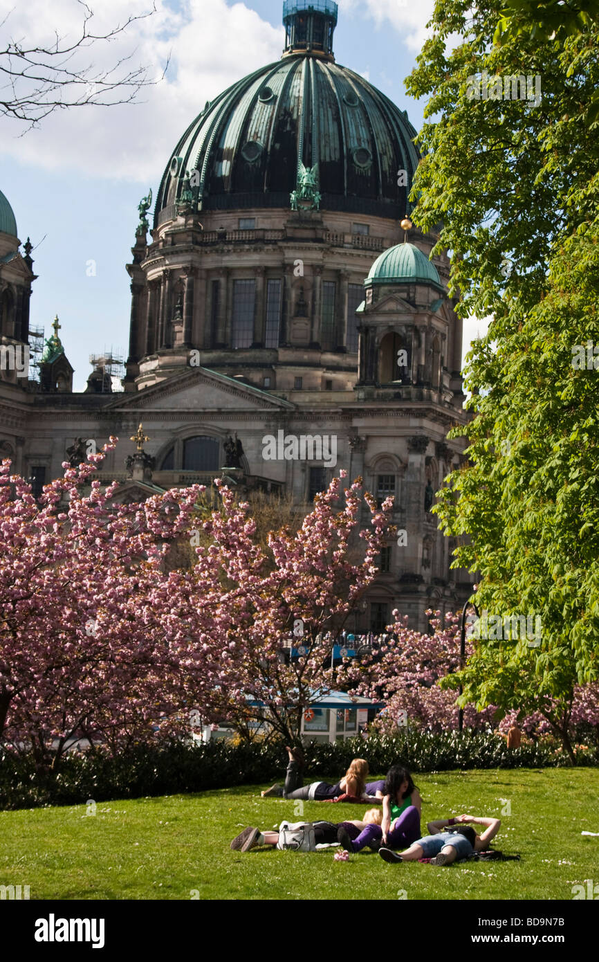 Giovani relax nel parco vicino a cupola di Berlino in primavera Foto Stock