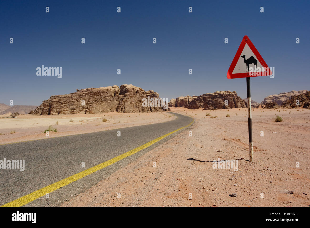 Cammello segno di avvertimento, Wadi Rum, Giordania Foto Stock