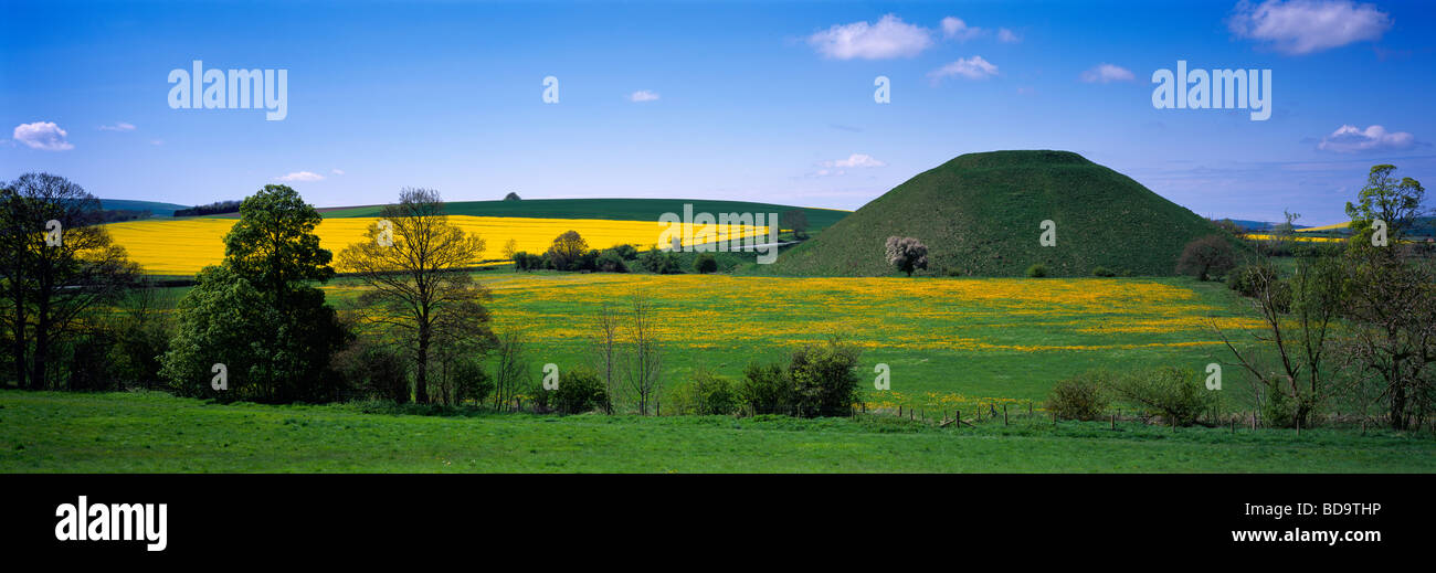 L'uomo antico fece tumulo di gesso neolitico di Silbury Hill circondato da campi di dandelioni e colza vicino Avebury, Wiltshire, Inghilterra. Foto Stock