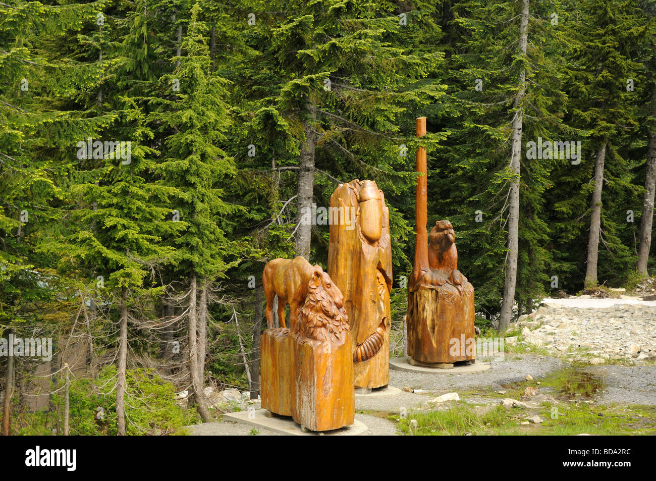 Scultura in legno su Grouse Mountain a Vancouver in British Columbia Foto Stock