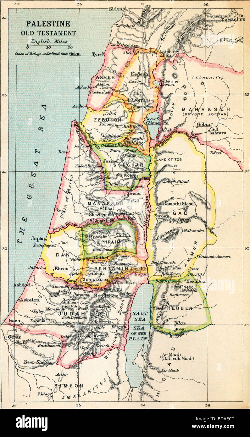 Mappa della Palestina come descritto nel Vecchio Testamento. Foto Stock