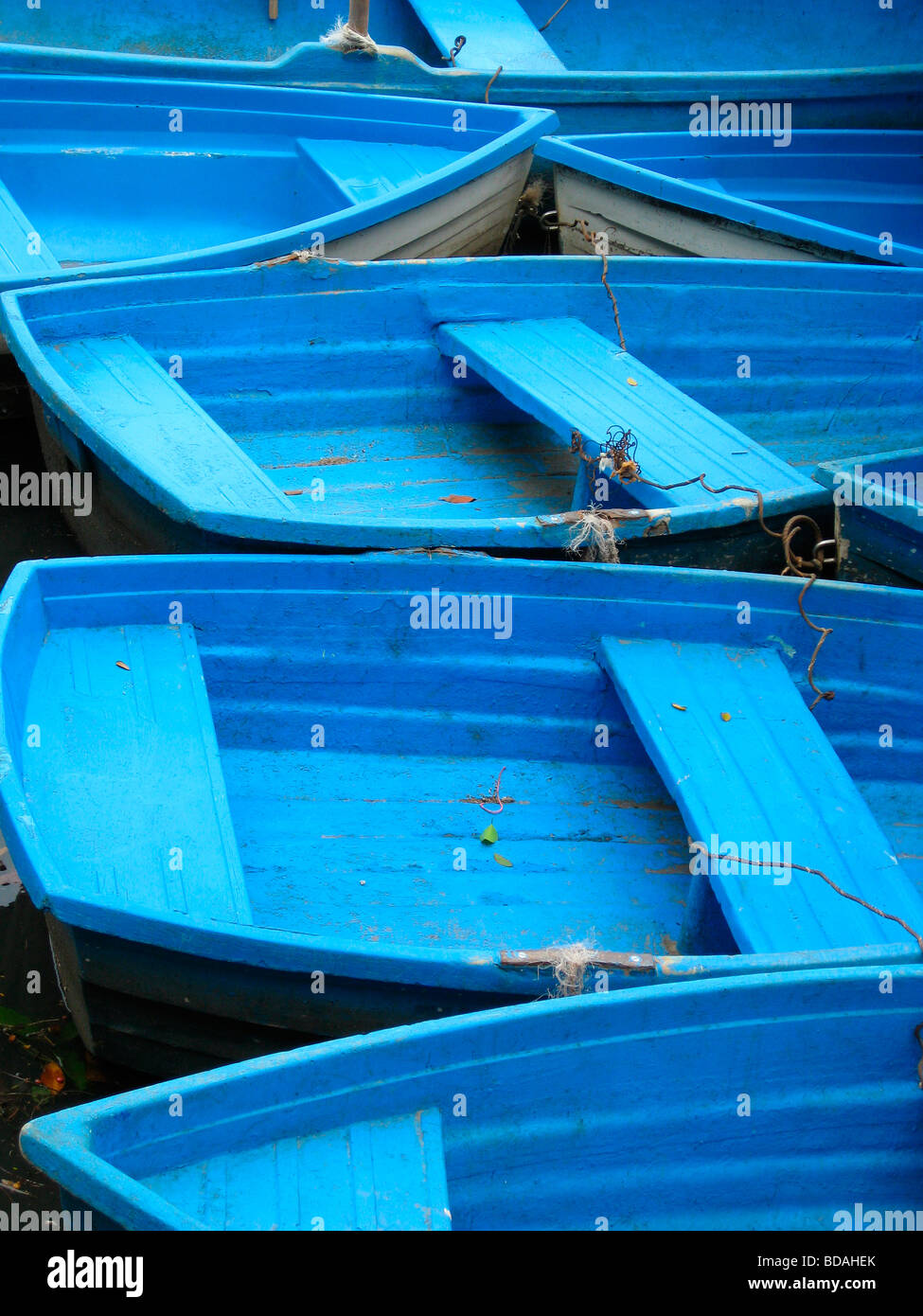 Blue imbarcazioni a remi legati insieme lungo un fiume in Havana Cuba Foto Stock