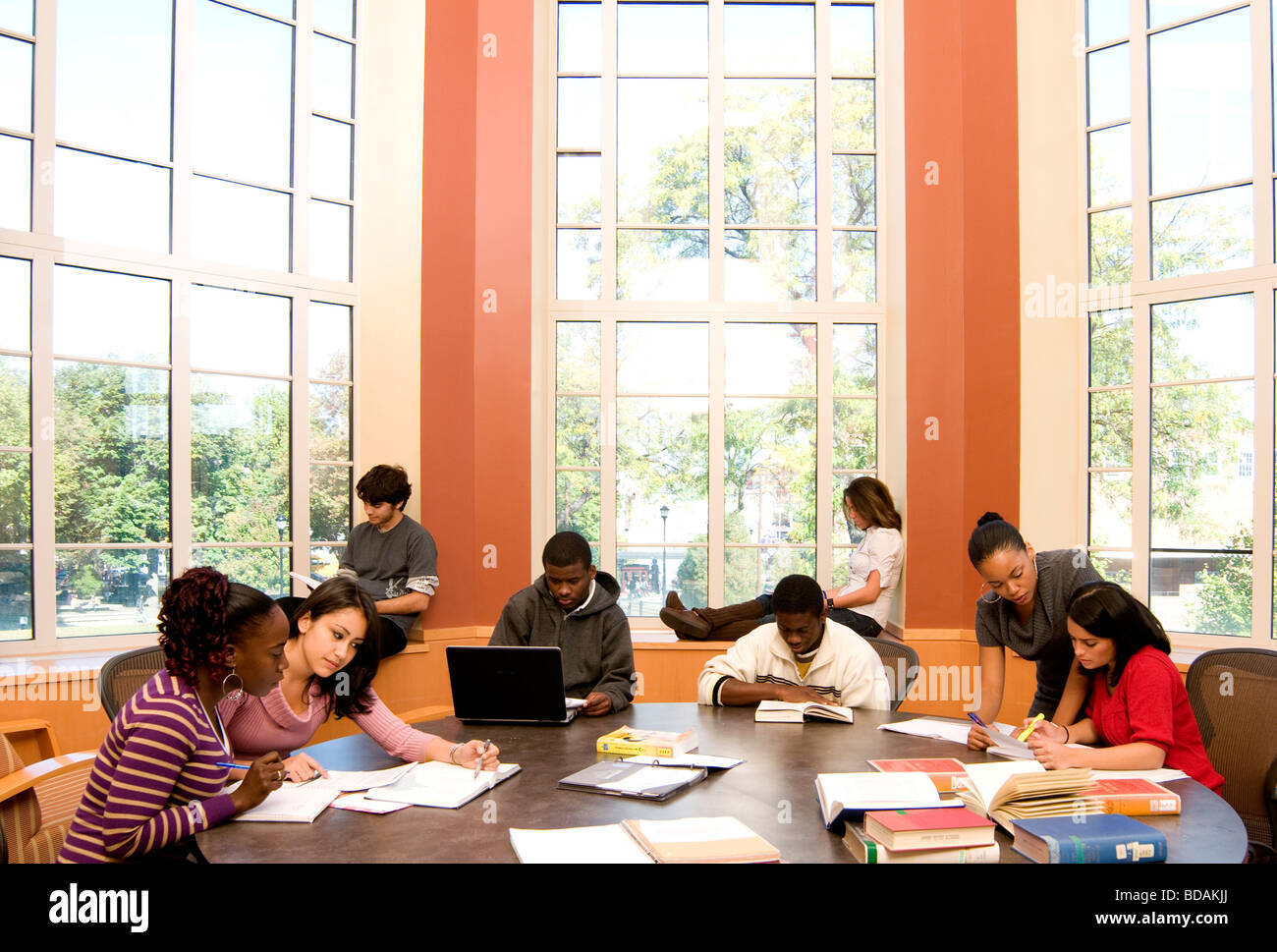 Etnicamente diversi gruppi di studenti la lettura e lo studio presso un college library Foto Stock