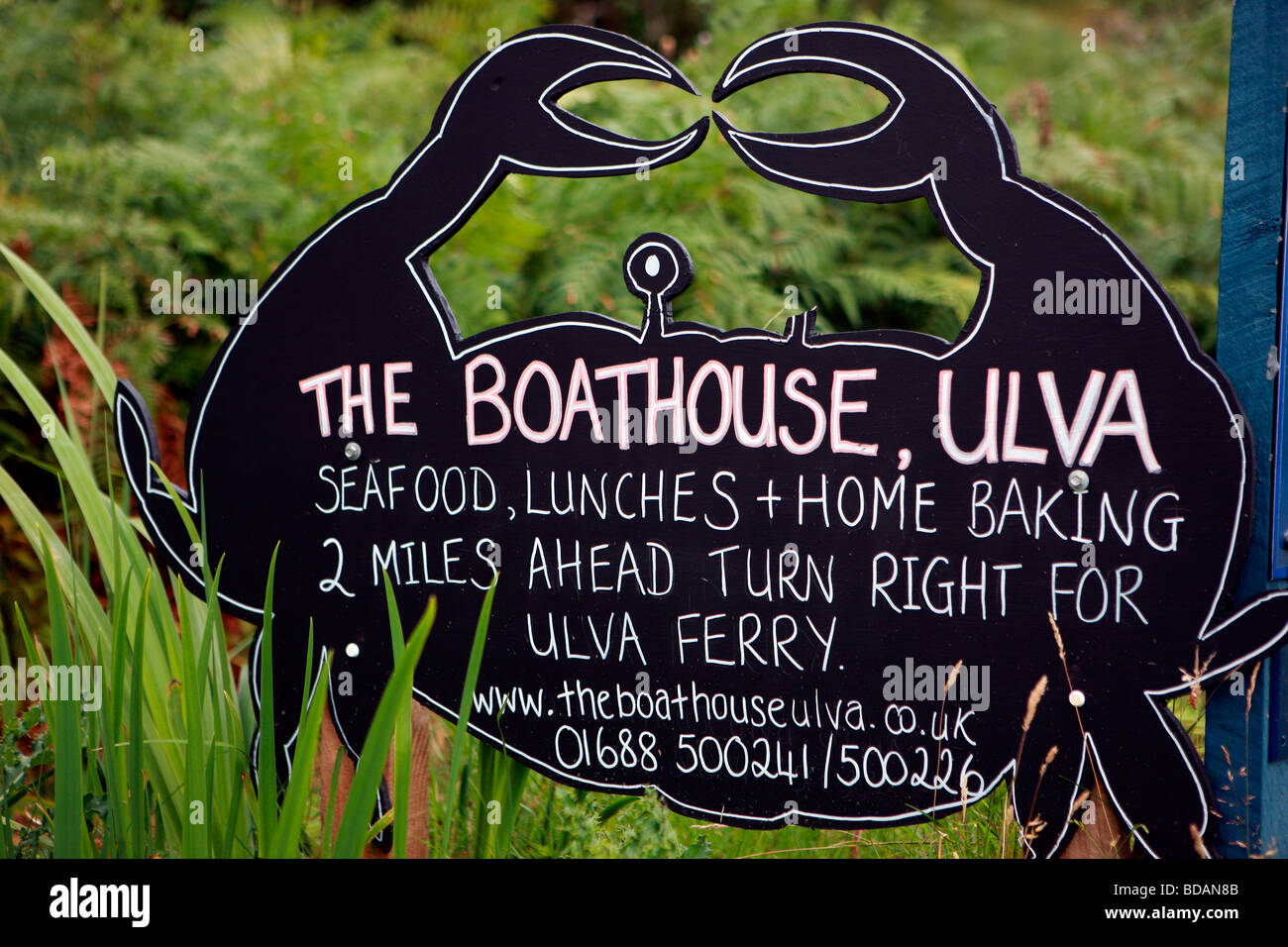 Segno per il Boathouse Restaurant sull'Isola di Ulva Foto Stock