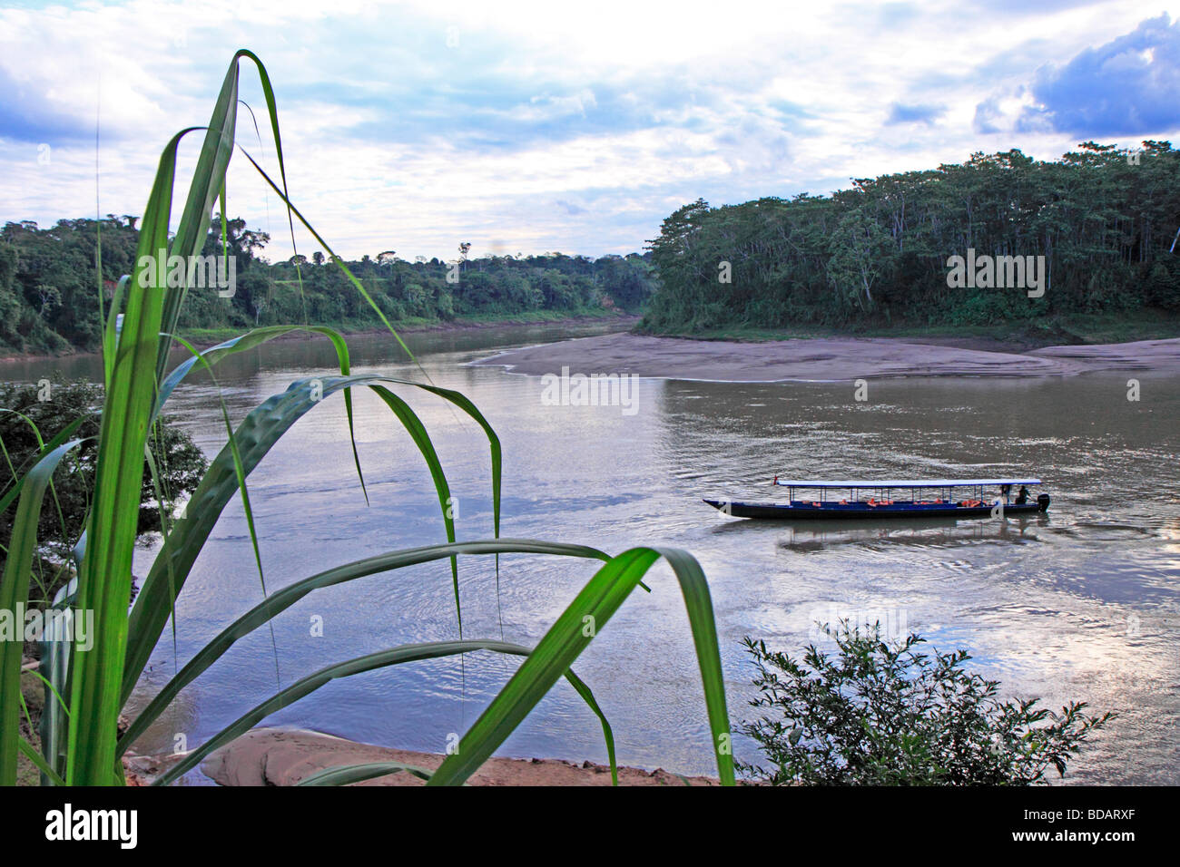 La barca turistica sul fiume Tambopata, Tambopata National Reserve, area amazzonica, Perù, Sud America Foto Stock