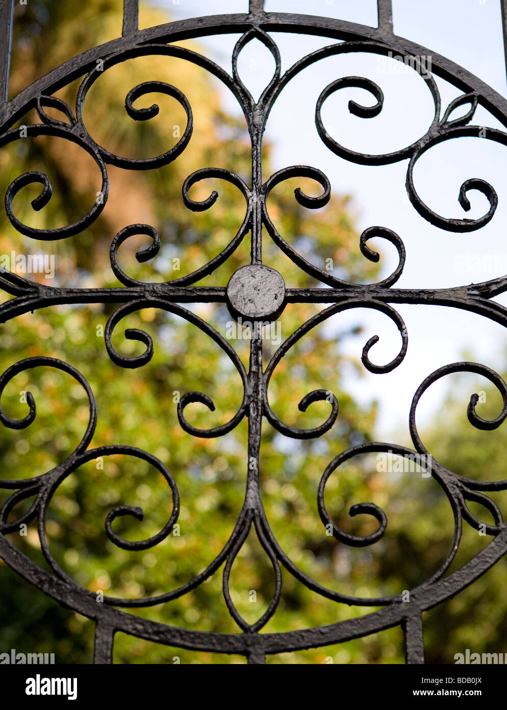 Dettaglio del ferro battuto cancello sul antebellum home in SC Foto Stock
