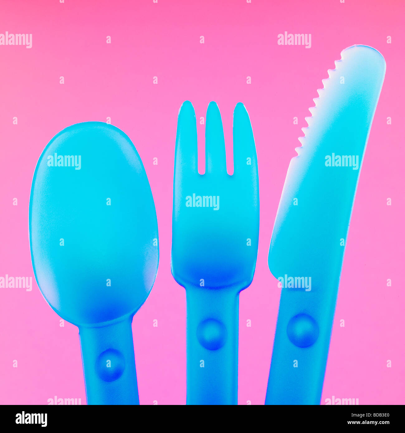 Plastica posate per bambini set - menu per bambini simbolo Foto Stock