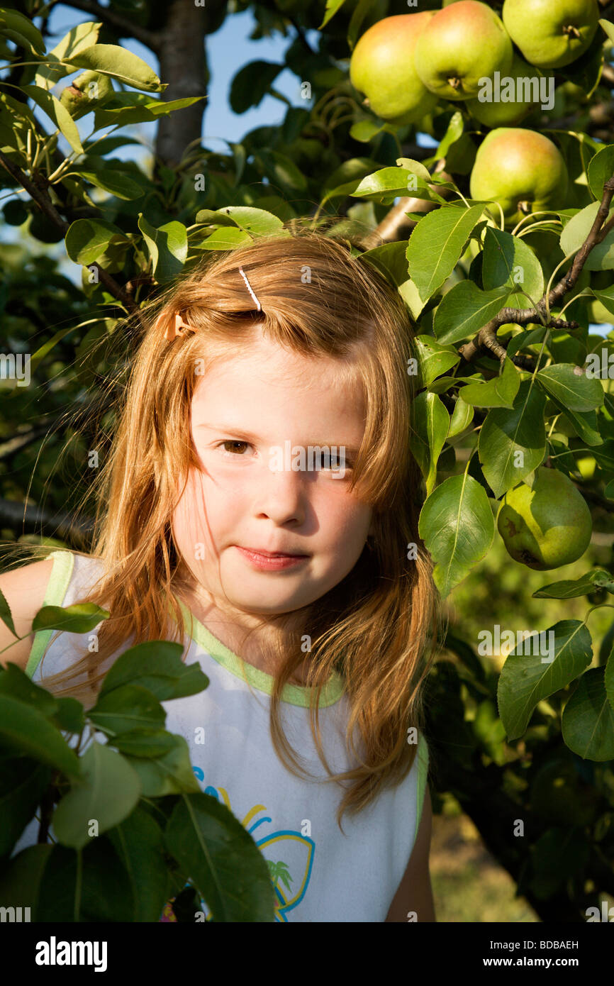 Bambina nel giardino estivo - pere Foto Stock