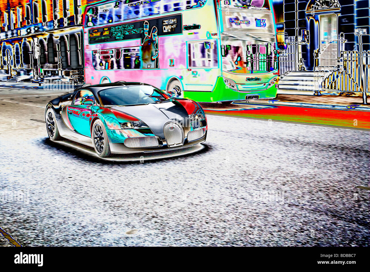 Bugatti e London bus - Gloucester Place, Londra. In Inghilterra. Regno Unito. Europa Foto Stock