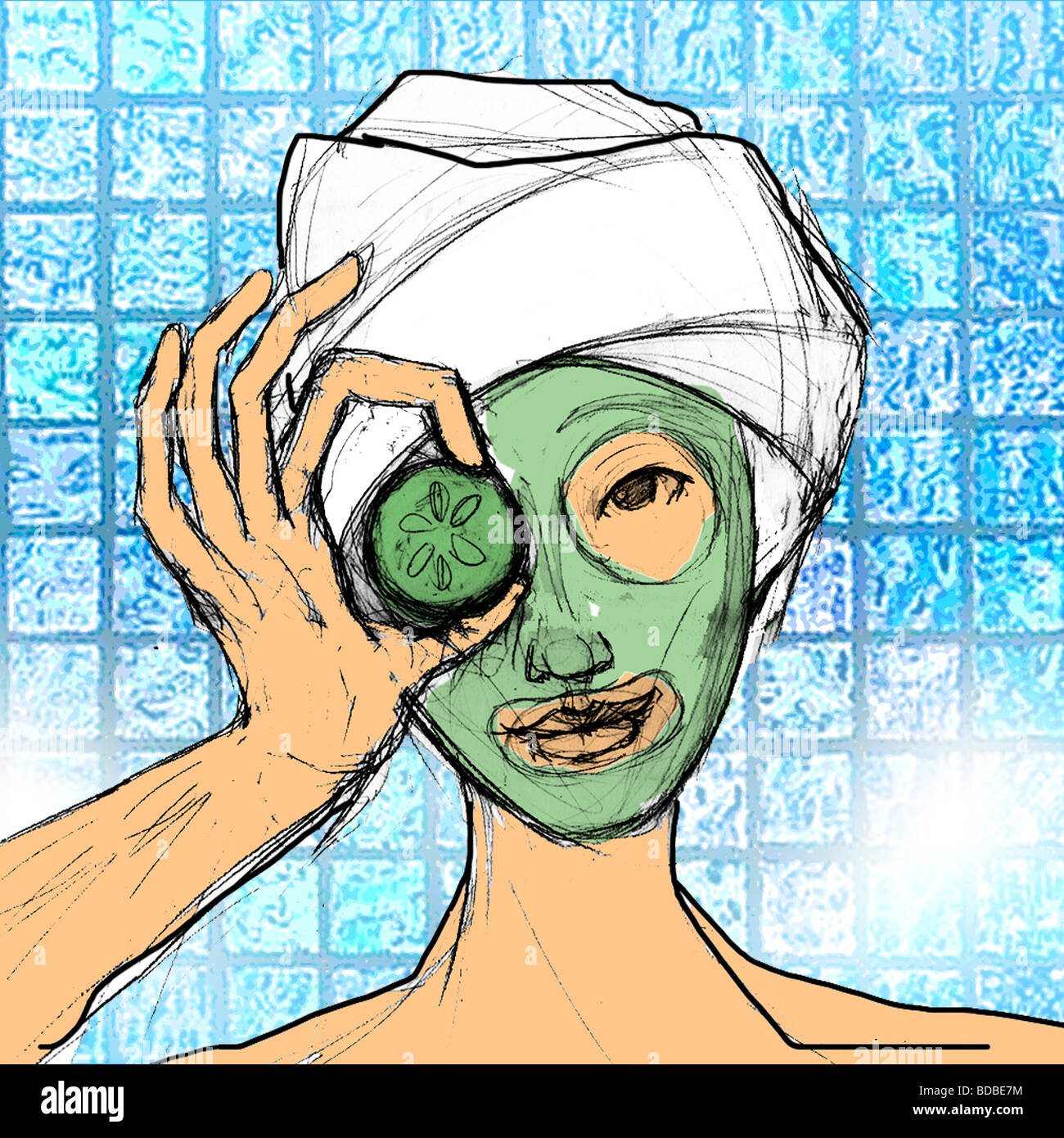 Close-up di una donna con maschera per il viso sul suo viso Foto Stock