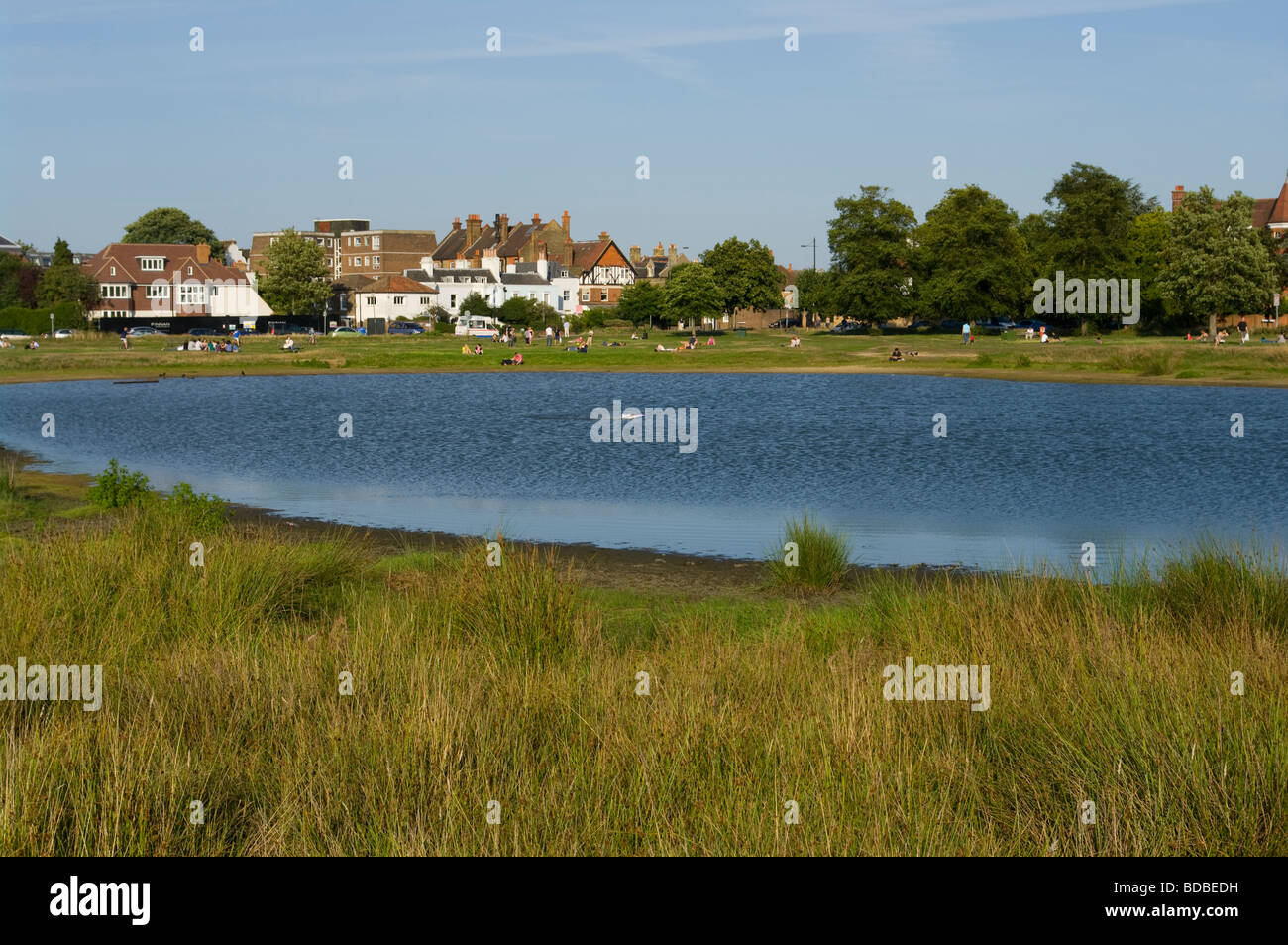 Persone relax su Wimbledon Common su una sera d'estate Foto Stock