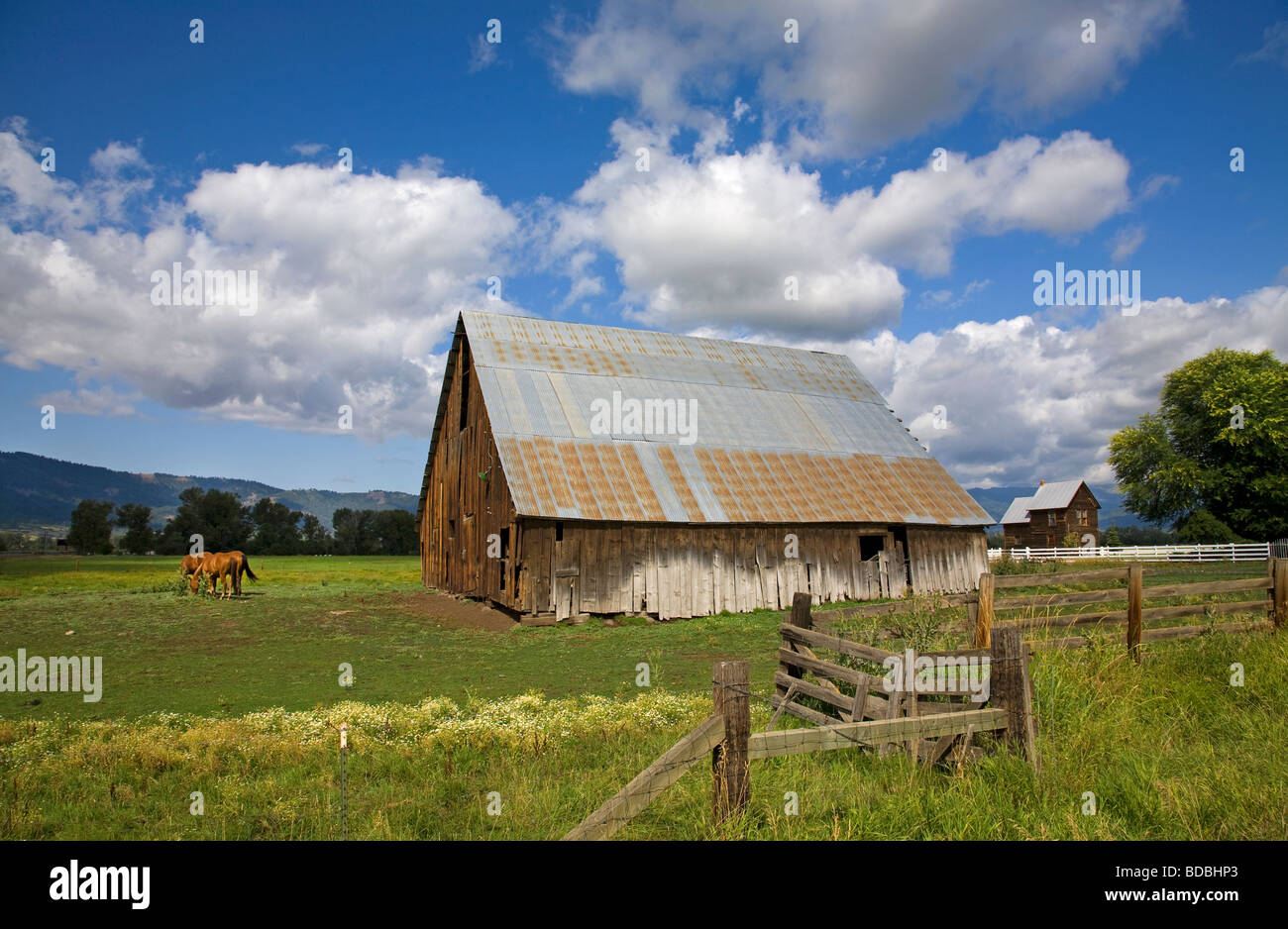 Un vecchio fienile e recinzione di legno su un ranch vicino a metà strada Oregon sulle pendici delle montagne Wallowa in Oregon orientale Foto Stock