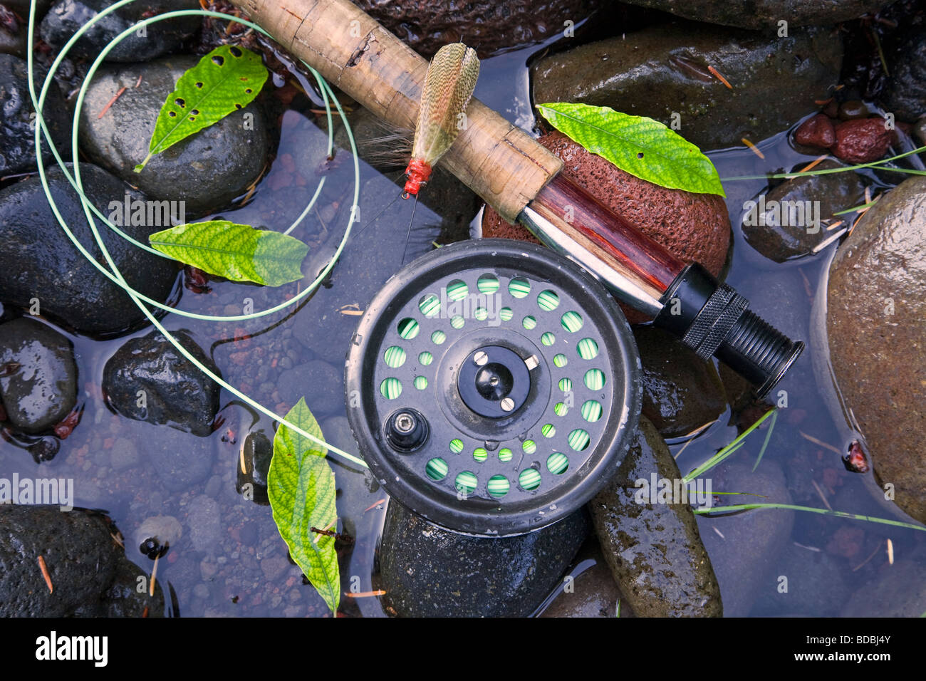 Una canna da mosca, volare aspo, pesca alla trota net, e scatola di mosche artificiali utilizzati per la pesca alla trota e steelhead Foto Stock