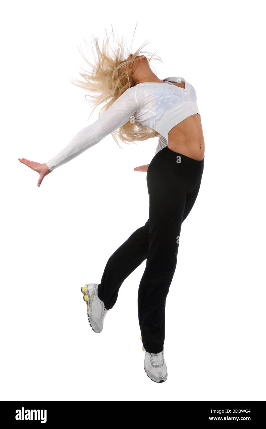 Giovane donna jumping isolate su uno sfondo bianco Foto Stock