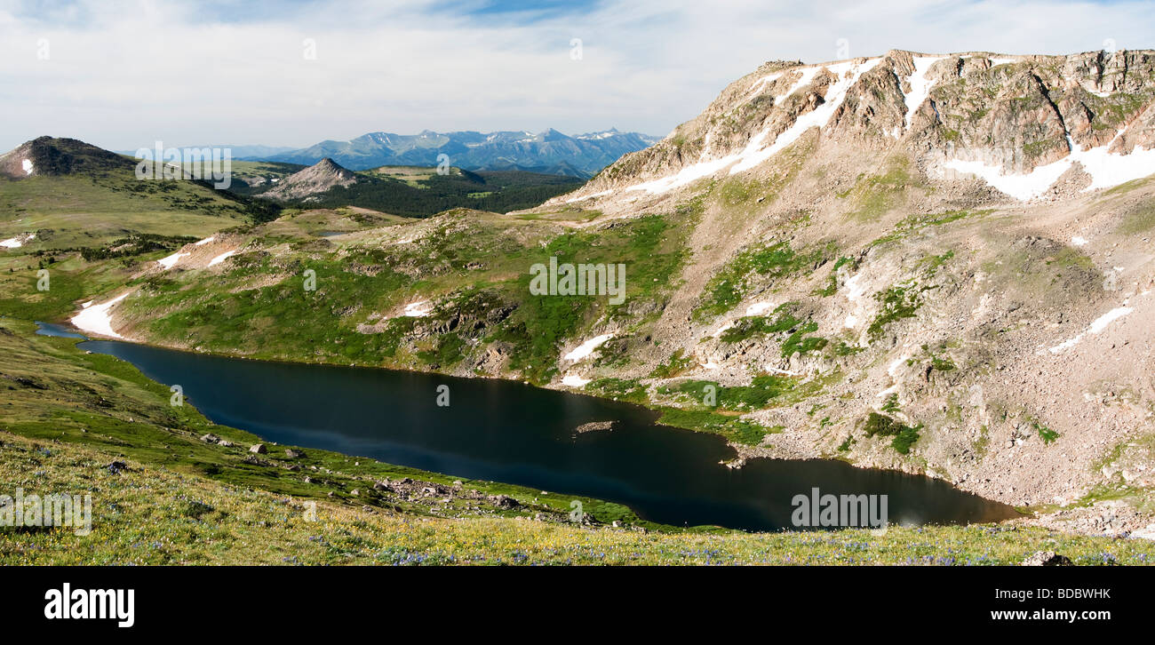 Vista panoramica di un lago alpino lungo la Beartooth Highway Foto Stock