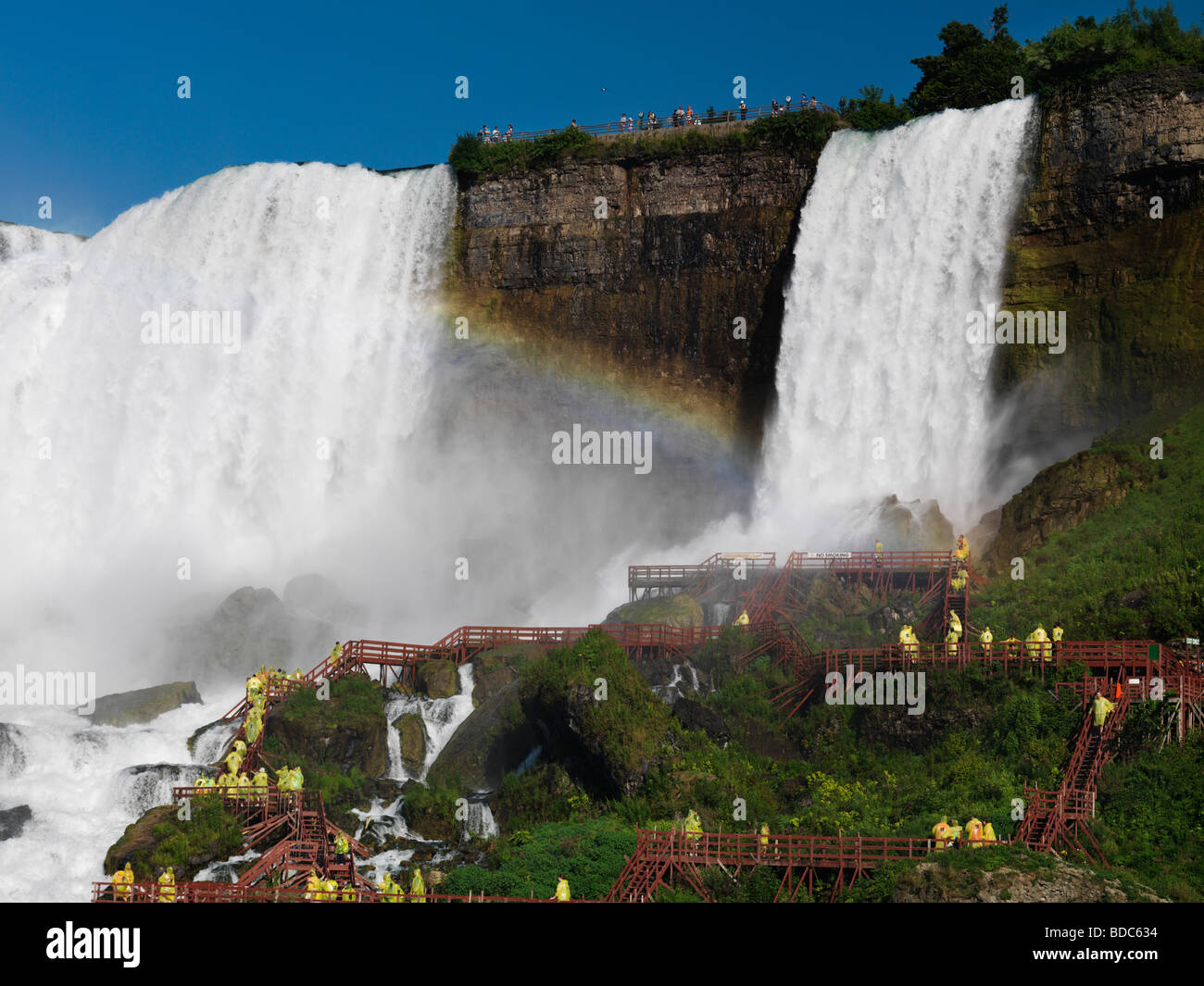La gente sul ponte di uragano alle Cascate del Niagara USA Foto Stock
