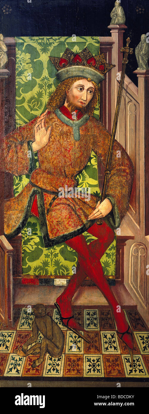 Belle arti, Medioevo, Germania, pittura, re su di un trono, altare ala, artista sconosciuto, legno, 107,5 cm x 42,5 cm, 1465, Memming Foto Stock
