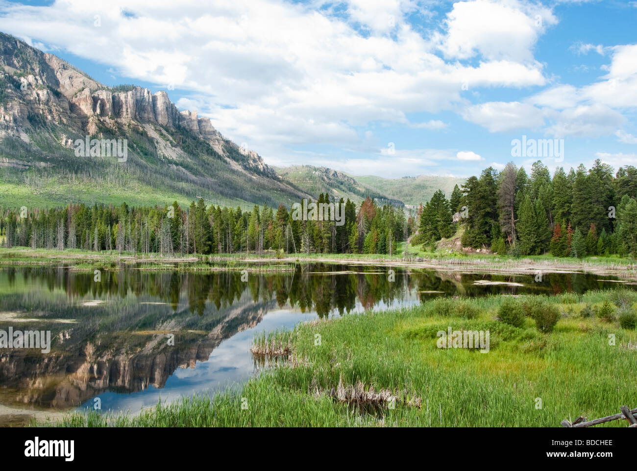 Riflessioni in un lago lungo Chief Joseph Scenic Byway nel Wyoming Foto Stock