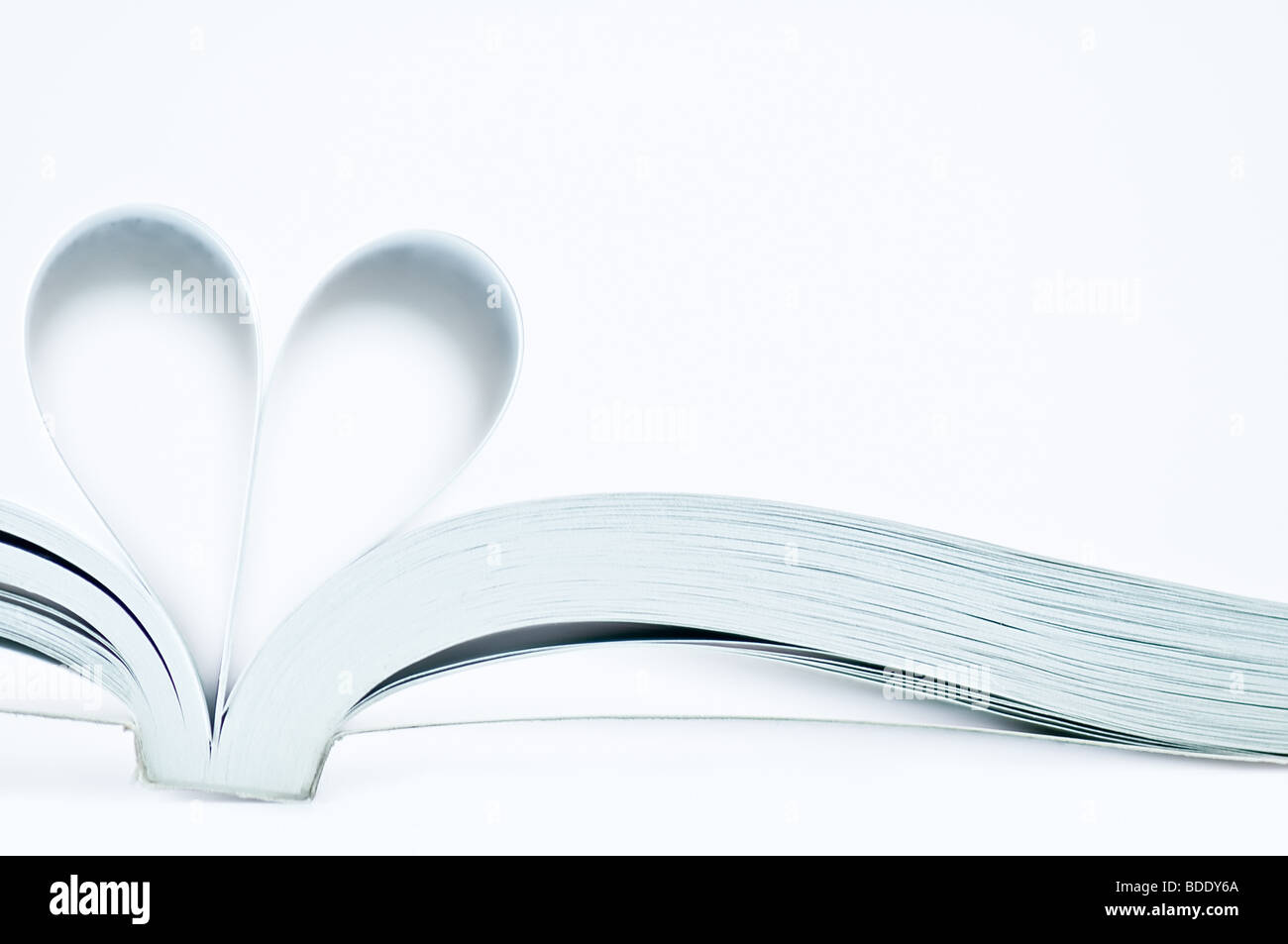 Le pagine di un libro in curva a forma di cuore Foto Stock